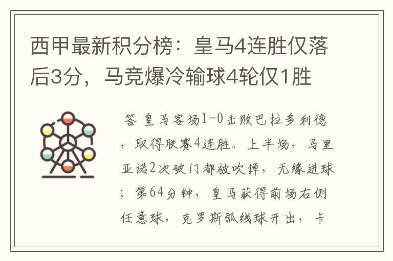 西甲最新积分榜:皇马4连胜仅落后3分,马竞爆冷输球4轮仅1胜