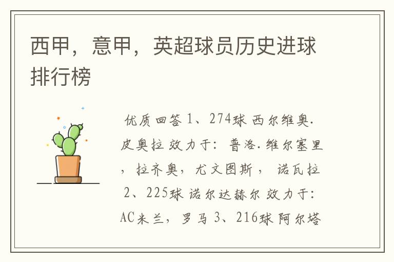 西甲,意甲,英超球员历史进球排行榜