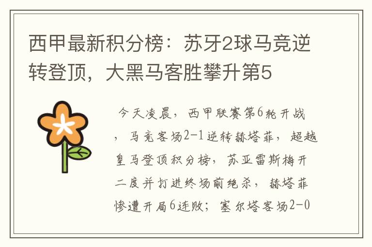 西甲最新积分榜:苏牙2球马竞逆转登顶,大黑马客胜攀升第5