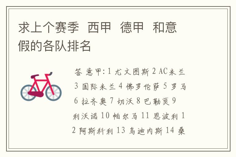 求上个赛季 西甲 德甲 和意假的各队排名
