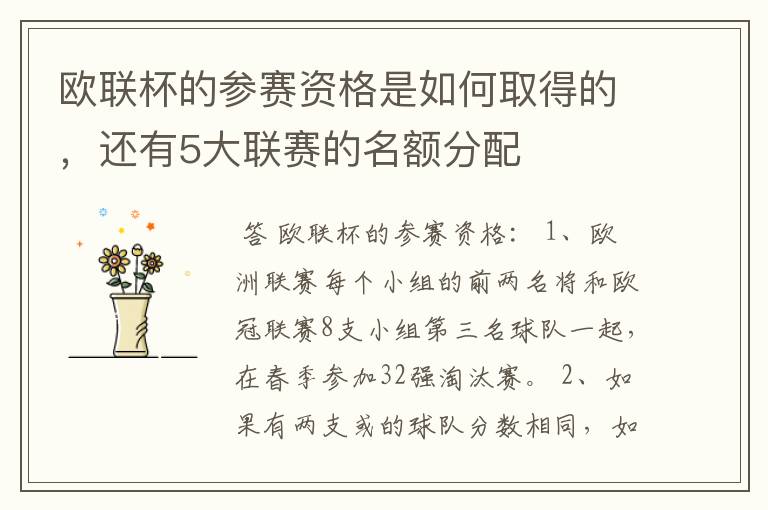欧联杯的参赛资格是如何取得的,还有5大联赛的名额分配