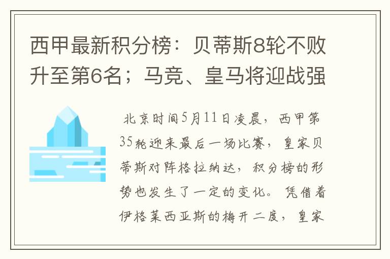 西甲最新积分榜:贝蒂斯8轮不败升至第6名;马竞、皇马将迎战强敌