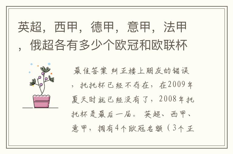 英超,西甲,德甲,意甲,法甲,俄超各有多少个欧冠和欧联杯名额?