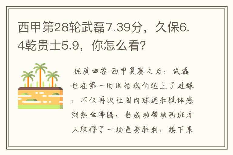 西甲第28轮武磊7.39分,久保6.4乾贵士5.9,你怎么看?