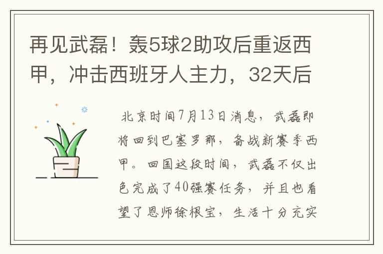 再见武磊!轰5球2助攻后重返西甲,冲击西班牙人主力,32天后首秀
