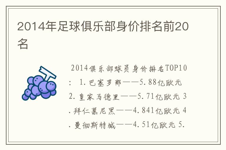 2014年足球俱乐部身价排名前20名