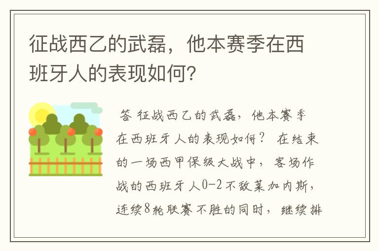 征战西乙的武磊,他本赛季在西班牙人的表现如何?