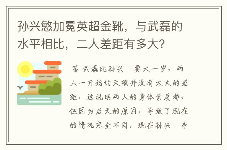 孙兴慜加冕英超金靴,与武磊的水平相比,二人差距有多大?