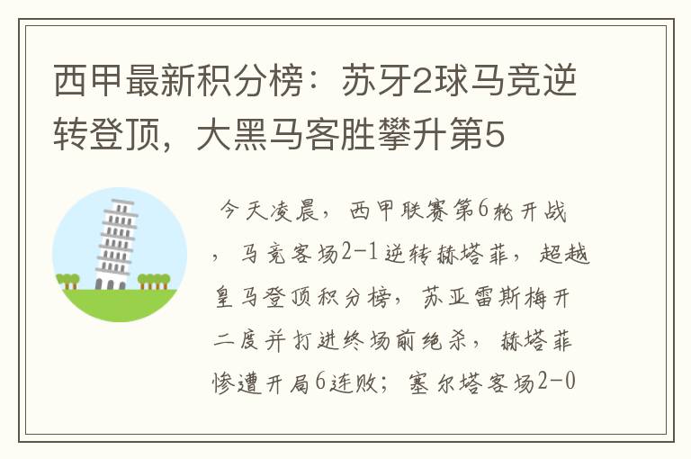 西甲最新积分榜:苏牙2球马竞逆转登顶,大黑马客胜攀升第5