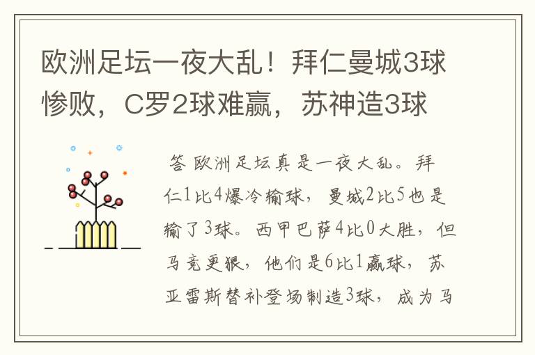 欧洲足坛一夜大乱!拜仁曼城3球惨败,C罗2球难赢,苏神造3球