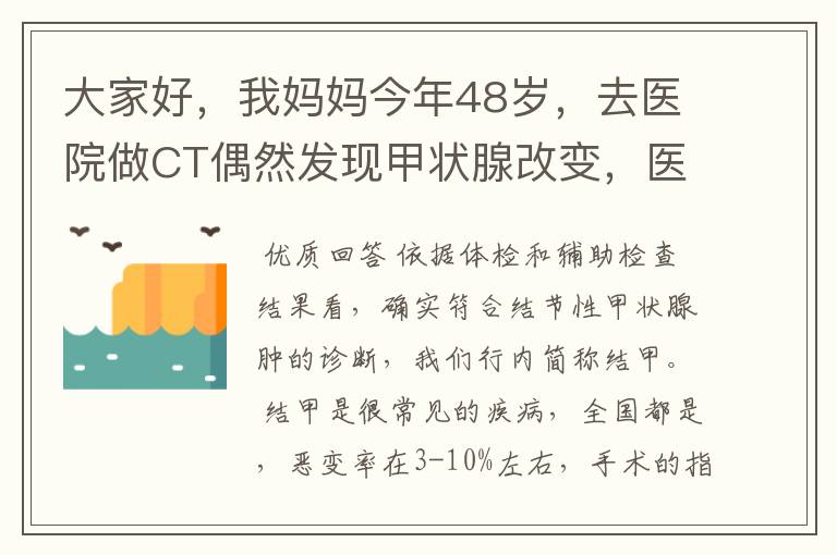 大家好,我妈妈今年48岁,去医院做CT偶然发现甲状腺改变,医生建议进一步检查,随后挂号内分泌科,医生要