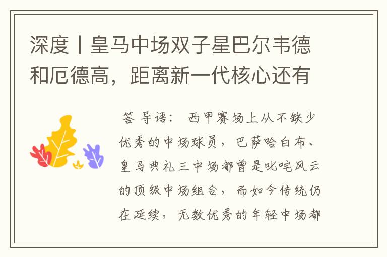 深度丨皇马中场双子星巴尔韦德和厄德高，距离新一代核心还有多远
