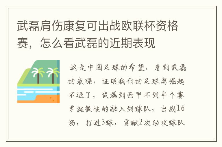 武磊肩伤康复可出战欧联杯资格赛,怎么看武磊的近期表现