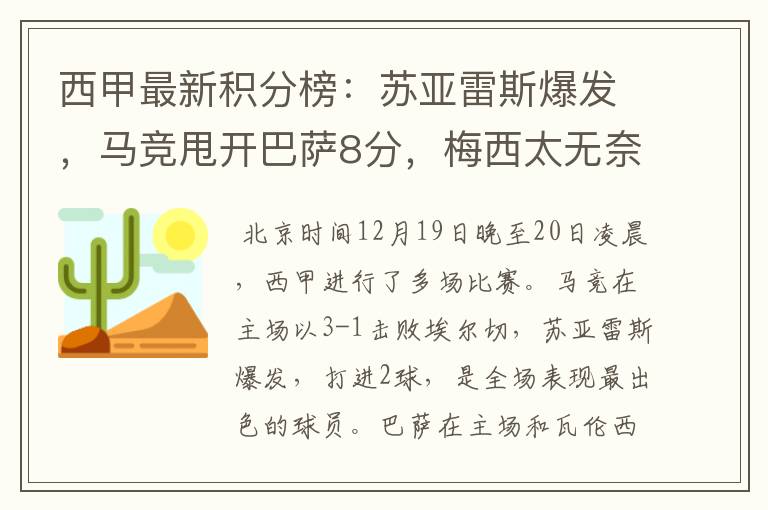西甲最新积分榜:苏亚雷斯爆发,马竞甩开巴萨8分,梅西太无奈