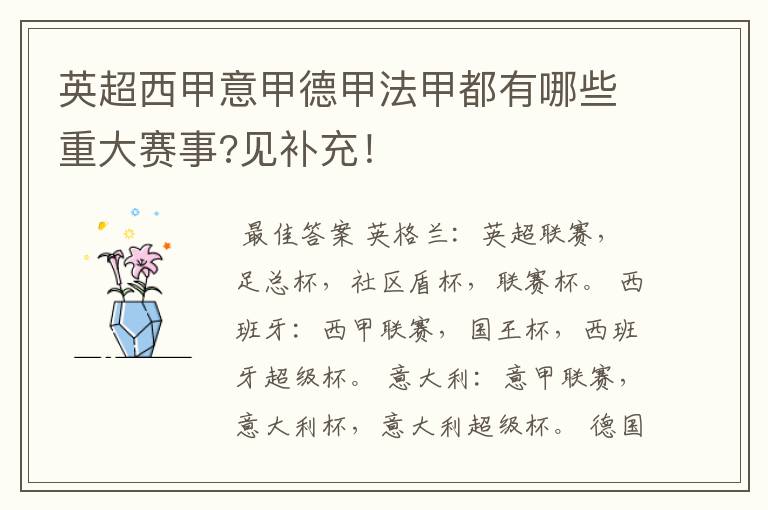 英超西甲意甲德甲法甲都有哪些重大赛事?见补充!