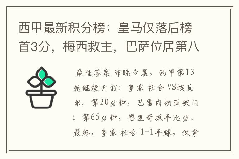 西甲最新积分榜:皇马仅落后榜首3分,梅西救主,巴萨位居第八