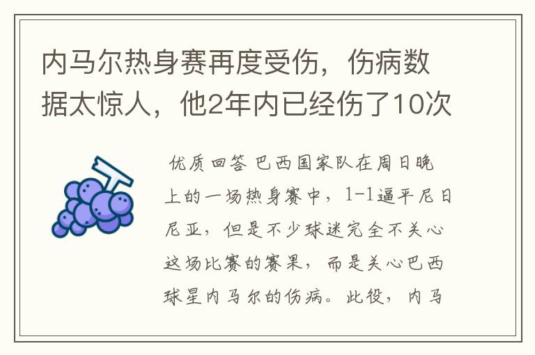 内马尔热身赛再度受伤,伤病数据太惊人,他2年内已经伤了10次