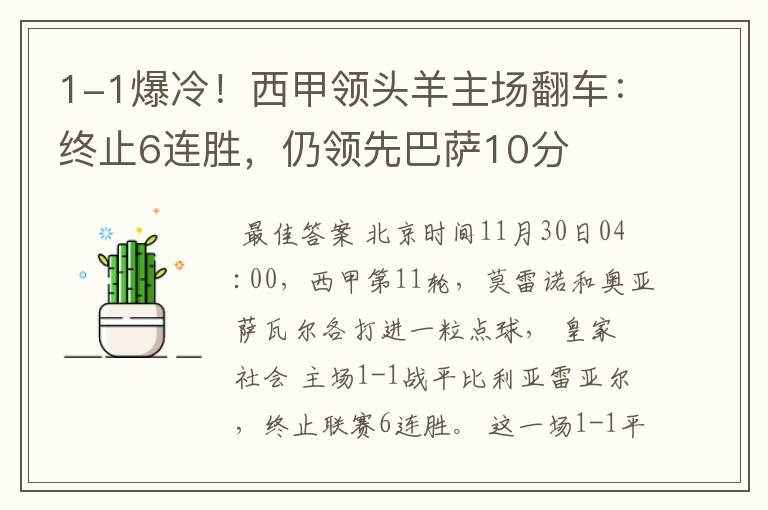 1-1爆冷!西甲领头羊主场翻车:终止6连胜,仍领先巴萨10分
