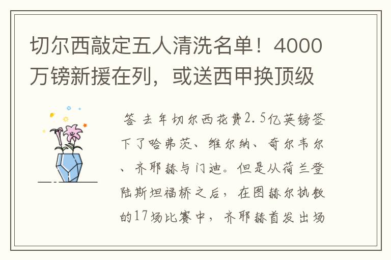 切尔西敲定五人清洗名单！4000万镑新援在列，或送西甲换顶级铁闸