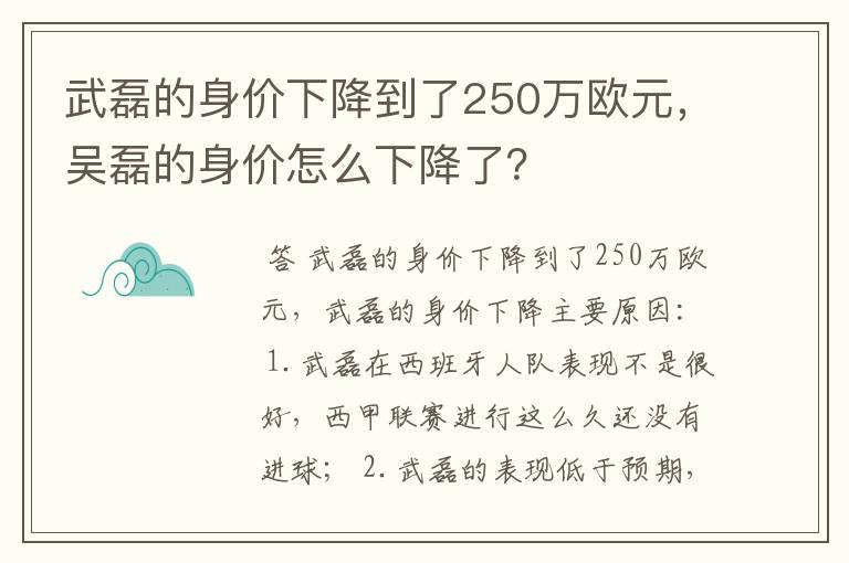 武磊的身价下降到了250万欧元,吴磊的身价怎么下降了?