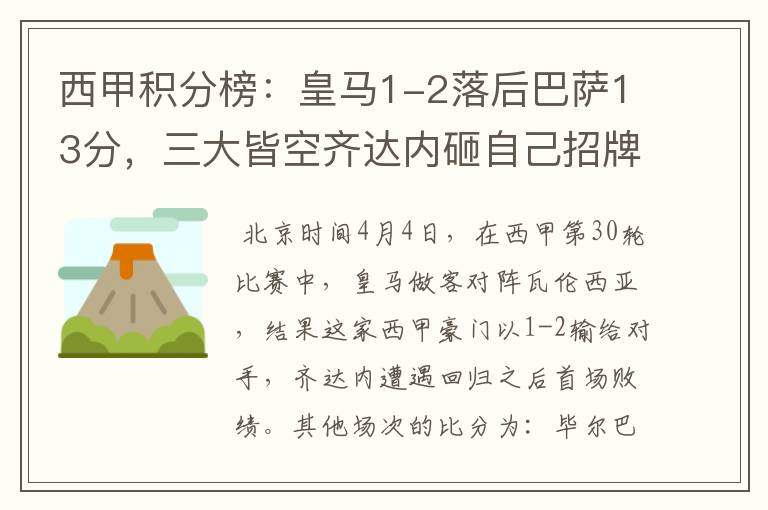 西甲积分榜:皇马1-2落后巴萨13分,三大皆空齐达内砸自己招牌?