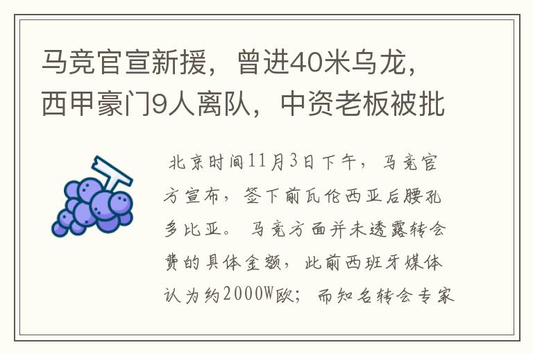 马竞官宣新援,曾进40米乌龙,西甲豪门9人离队,中资老板被批
