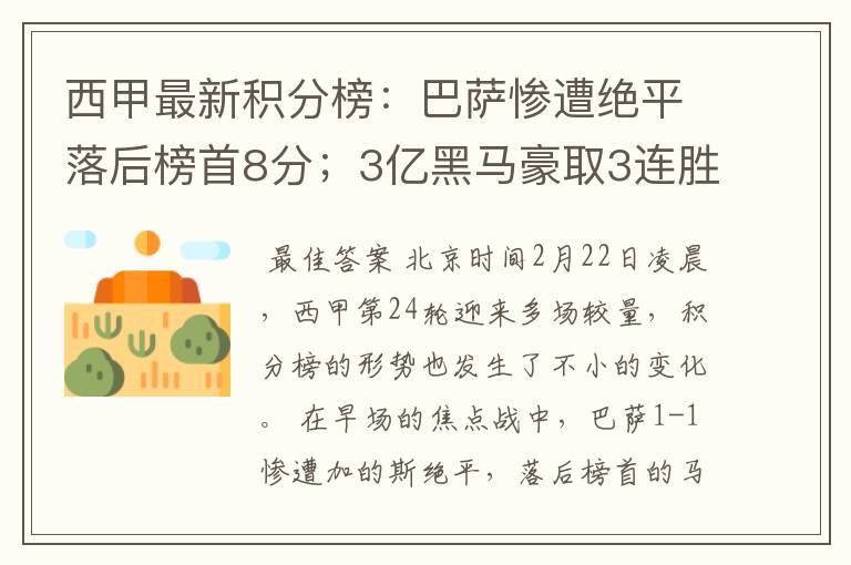 西甲最新积分榜:巴萨惨遭绝平落后榜首8分;3亿黑马豪取3连胜