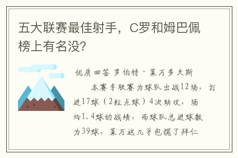 五大联赛最佳射手,C罗和姆巴佩榜上有名没?