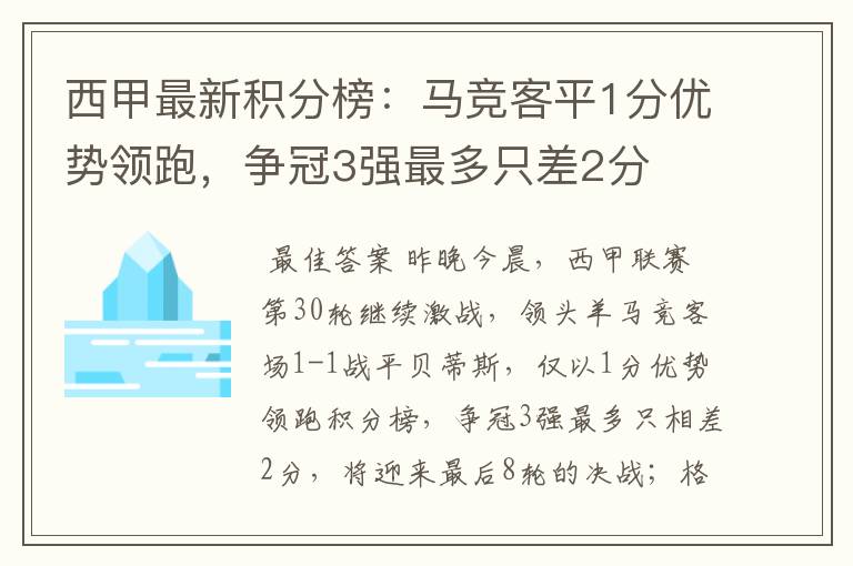 西甲最新积分榜:马竞客平1分优势领跑,争冠3强最多只差2分