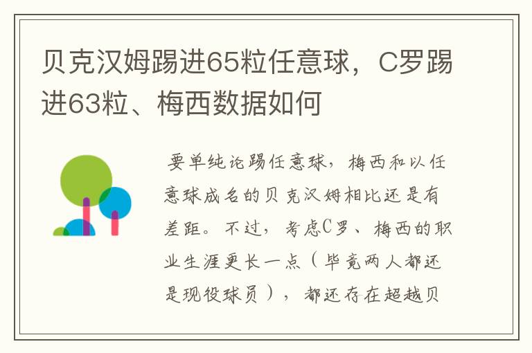 贝克汉姆踢进65粒任意球,C罗踢进63粒、梅西数据如何