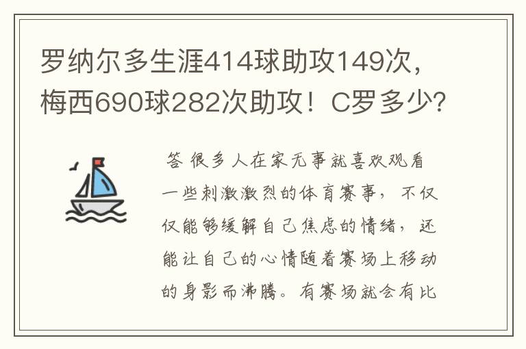罗纳尔多生涯414球助攻149次,梅西690球282次助攻!C罗多少?