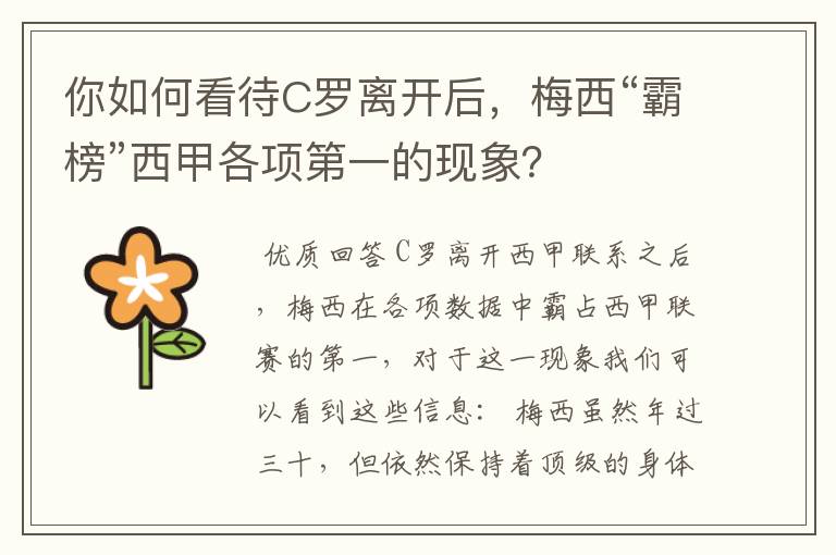 你如何看待C罗离开后,梅西“霸榜”西甲各项第一的现象?