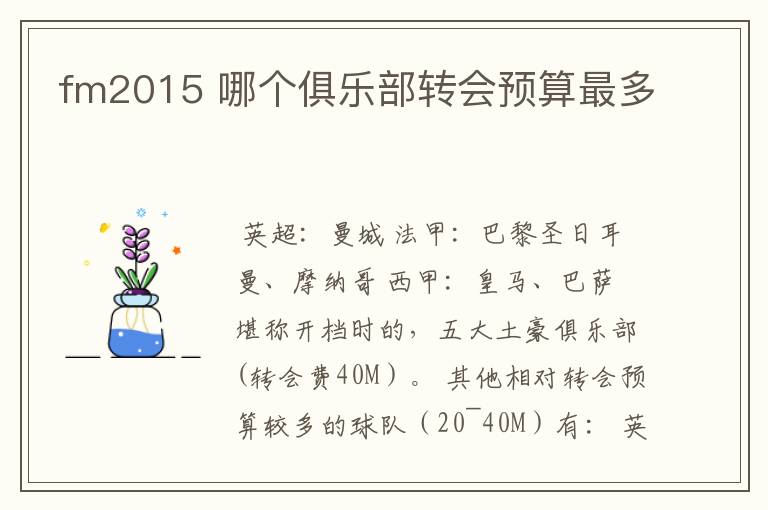 fm2015 哪个俱乐部转会预算最多