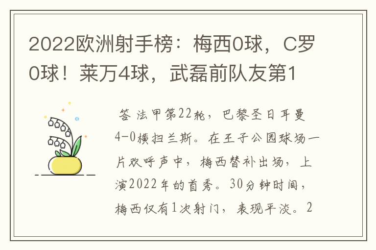 2022欧洲射手榜:梅西0球,C罗0球!莱万4球,武磊前队友第1