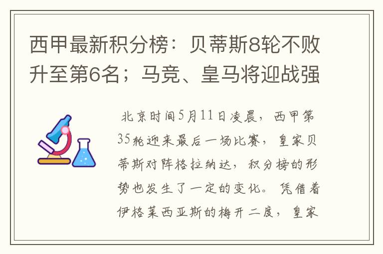 西甲最新积分榜:贝蒂斯8轮不败升至第6名;马竞、皇马将迎战强敌