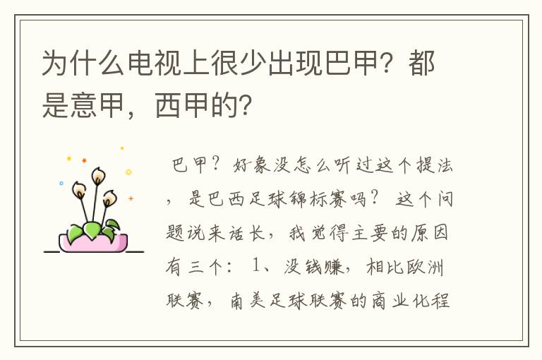 为什么电视上很少出现巴甲?都是意甲,西甲的?
