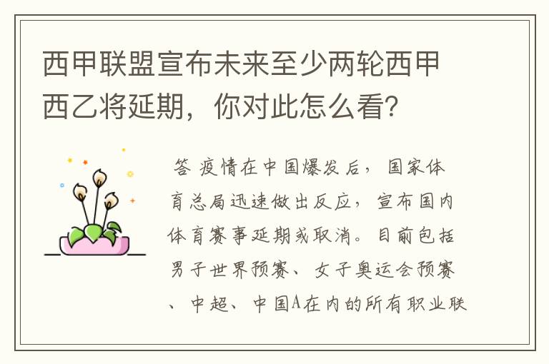 西甲联盟宣布未来至少两轮西甲西乙将延期,你对此怎么看?