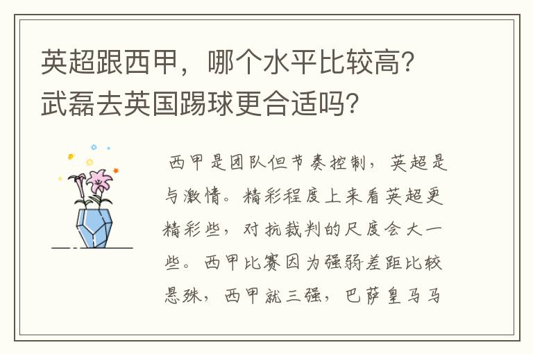 英超跟西甲,哪个水平比较高?武磊去英国踢球更合适吗?