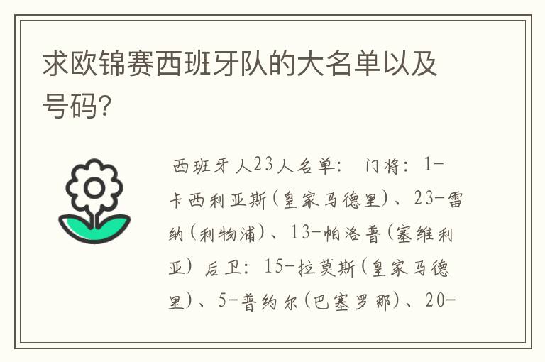 求欧锦赛西班牙队的大名单以及号码?