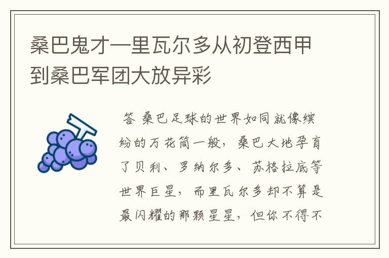桑巴鬼才—里瓦尔多从初登西甲到桑巴军团大放异彩