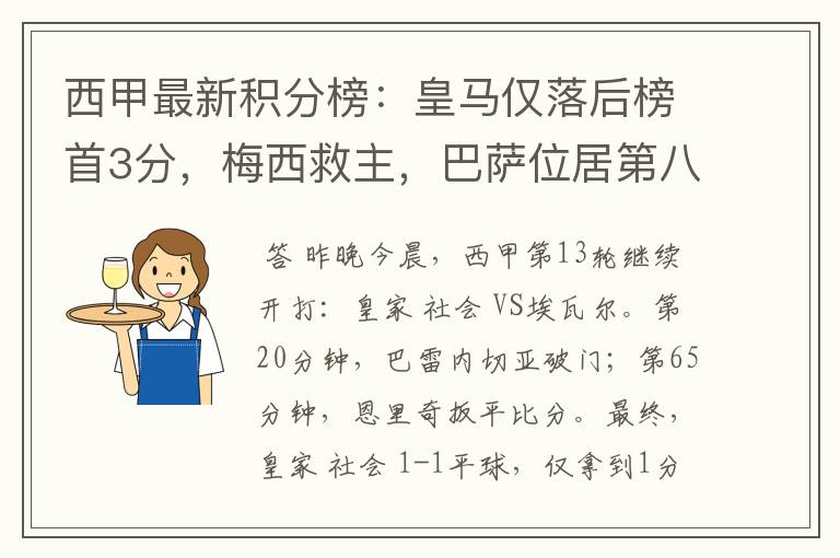 西甲最新积分榜:皇马仅落后榜首3分,梅西救主,巴萨位居第八