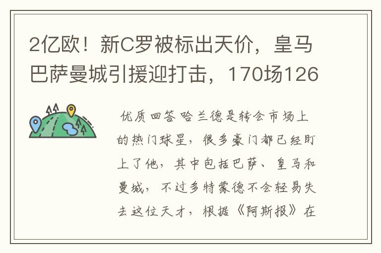 2亿欧!新C罗被标出天价,皇马巴萨曼城引援迎打击,170场126球