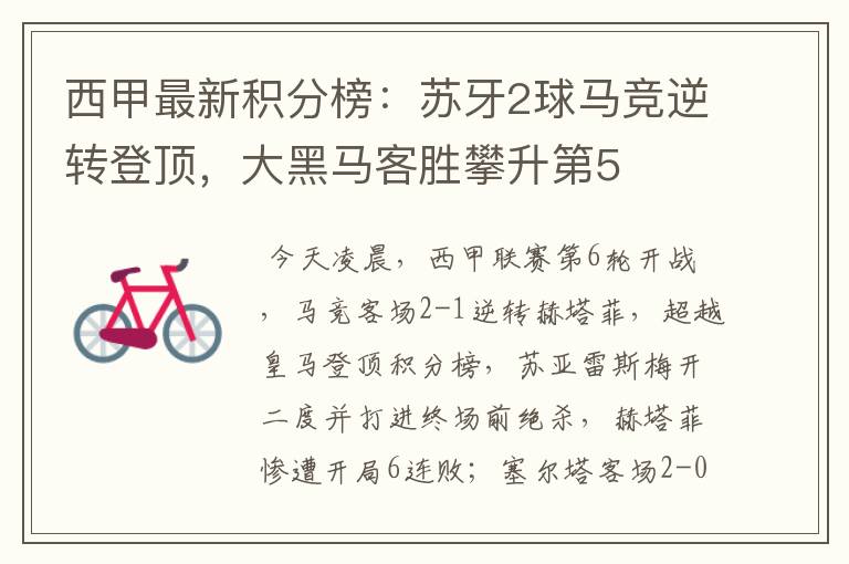 西甲最新积分榜:苏牙2球马竞逆转登顶,大黑马客胜攀升第5