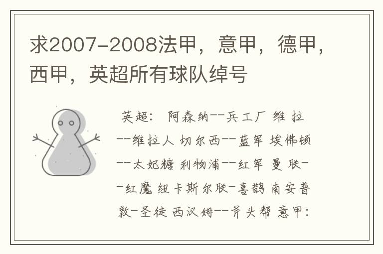 求2007-2008法甲,意甲,德甲,西甲,英超所有球队绰号