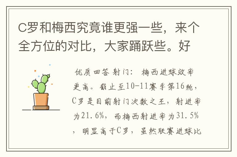 C罗和梅西究竟谁更强一些,来个全方位的对比,大家踊跃些。好的有奖励啊