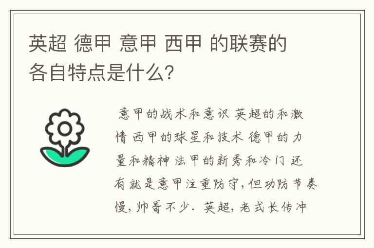 英超 德甲 意甲 西甲 的联赛的各自特点是什么?