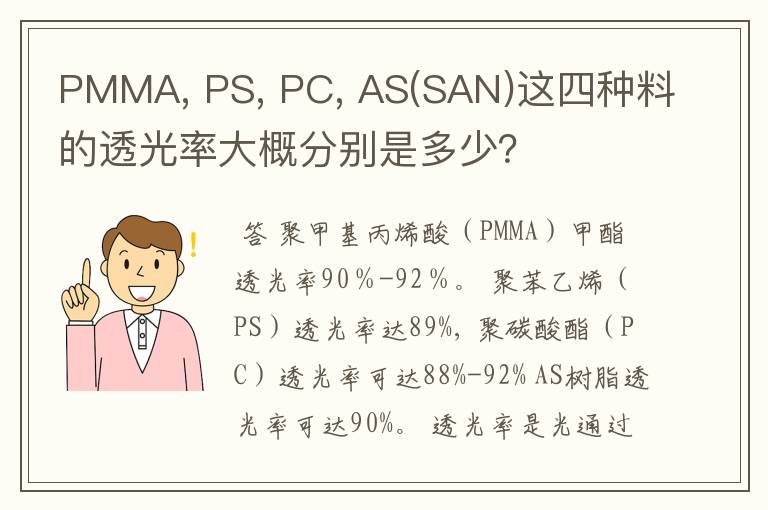 PMMA, PS, PC, AS(SAN)这四种料的透光率大概分别是多少?