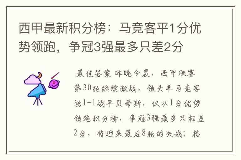 西甲最新积分榜:马竞客平1分优势领跑,争冠3强最多只差2分