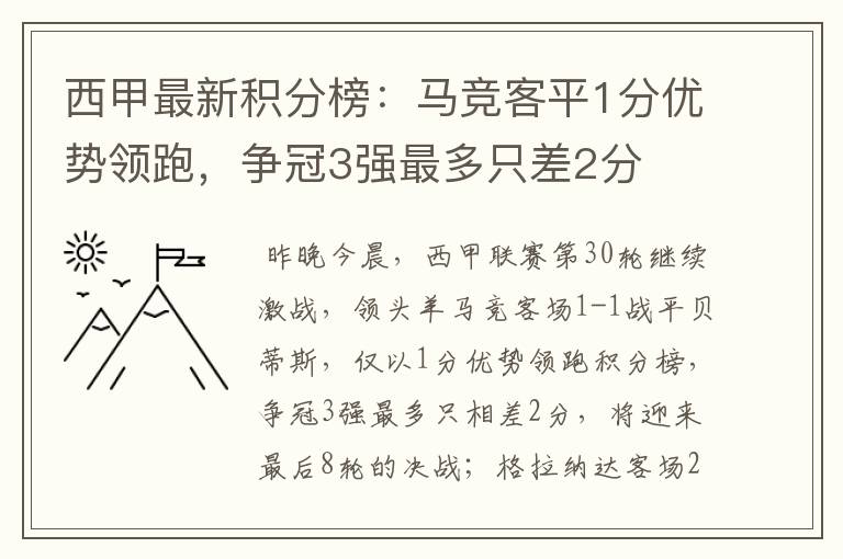 西甲最新积分榜:马竞客平1分优势领跑,争冠3强最多只差2分