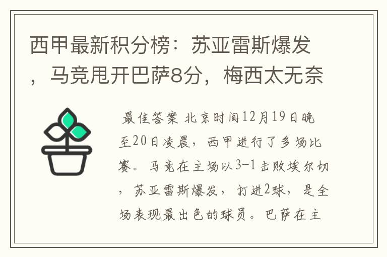 西甲最新积分榜:苏亚雷斯爆发,马竞甩开巴萨8分,梅西太无奈